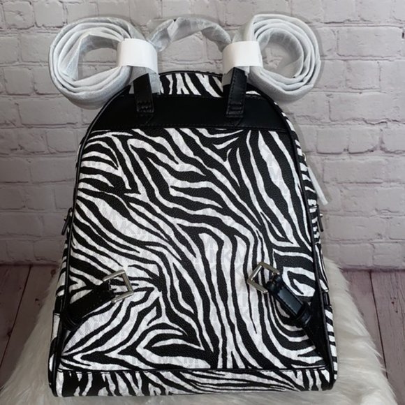 ?MICHAEL KORS RHEA ZIP MEDIUM BACKPACK BLACK WHITE LOGO ZEBRA TRAVEL BAG?NWT